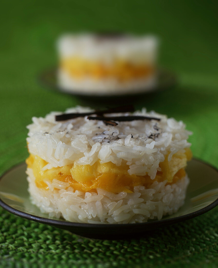 Rice pudding cake with mango and pineapple