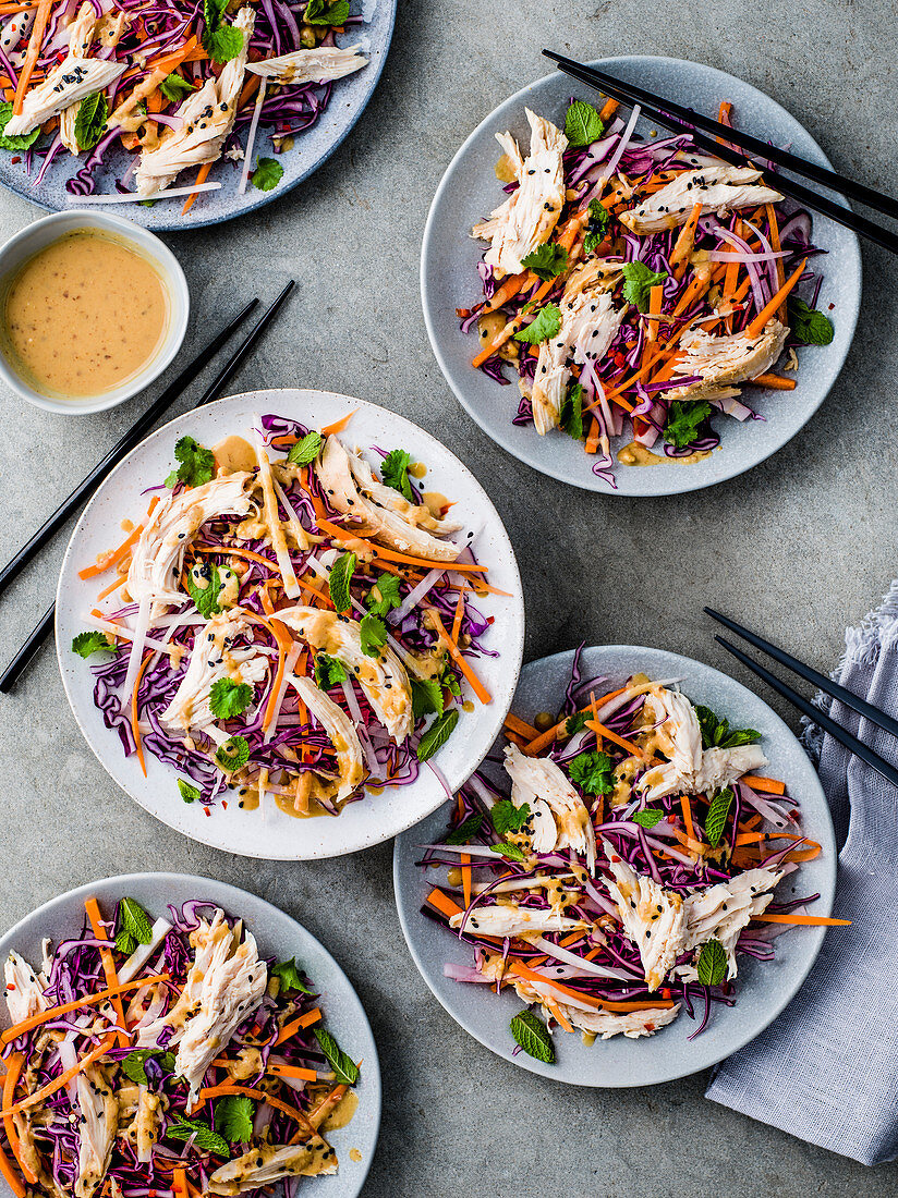 Asian Chicken and crunchy slaw salad with miso peanut butter dressing