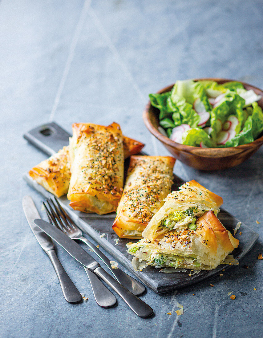 Chicken and broccoli phyllo rolls