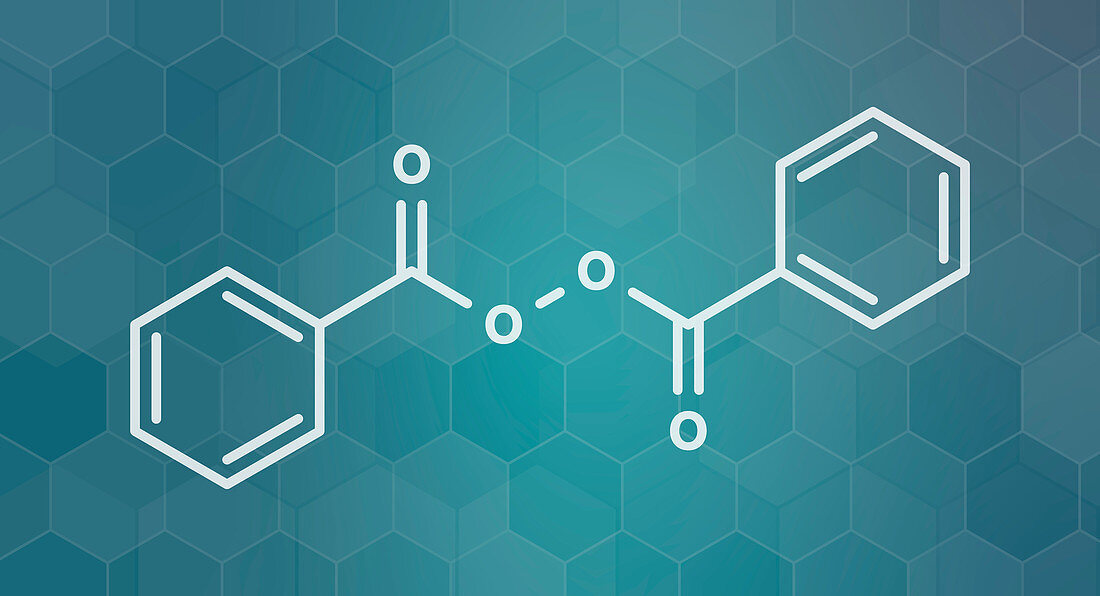 Benzoyl peroxide acne drug, molecular model