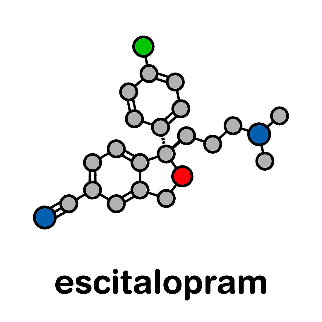 Escitalopram antidepressant drug, molecular model