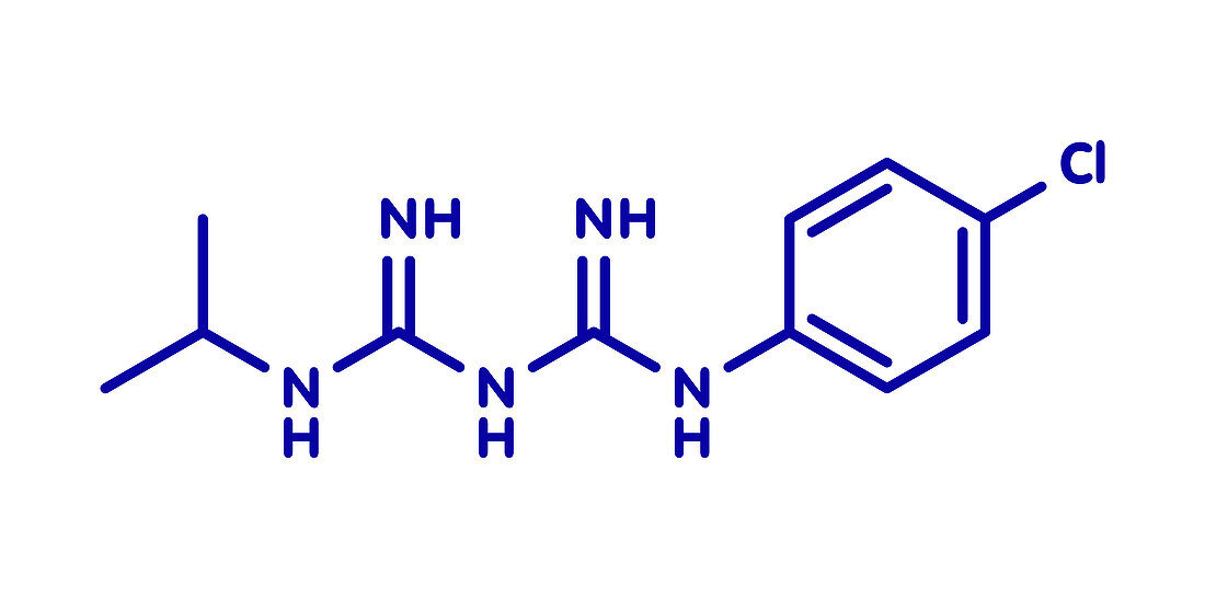 Proguanil prophylactic malaria drug, molecular model