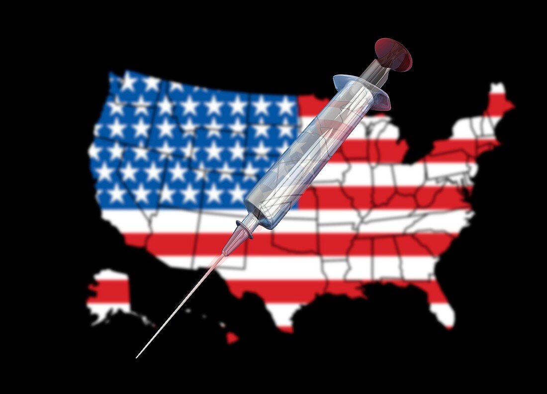 Map of USA and syringe, illustration