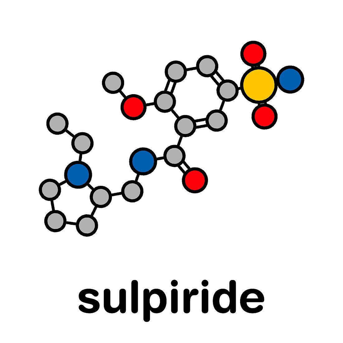 Sulpiride antipsychotic drug, molecular model
