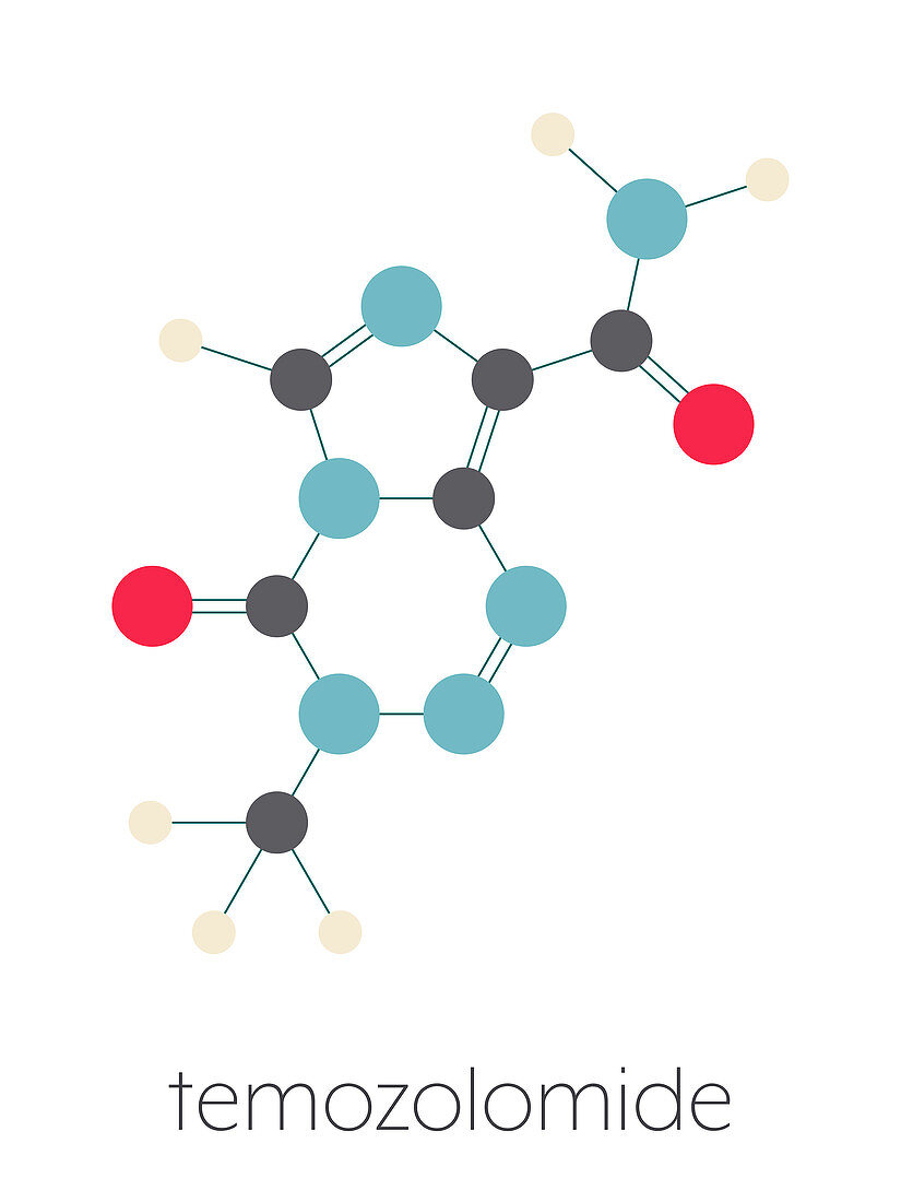 Temozolomide chemotherapy drug, molecular model