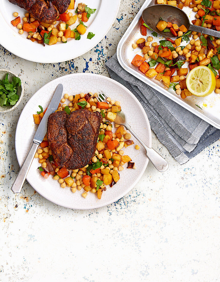 Ras el hanout crusted lamb steaks with roasted roots