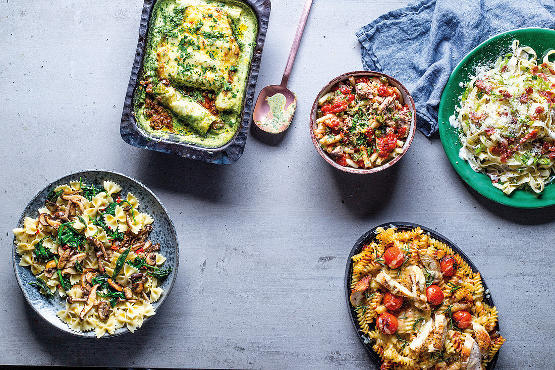 Cannelloni, Vegeterian farfalle, Tuna and caper macaroni, Bacon and parmesan tagliatelle, Chicken and tomato fusilli