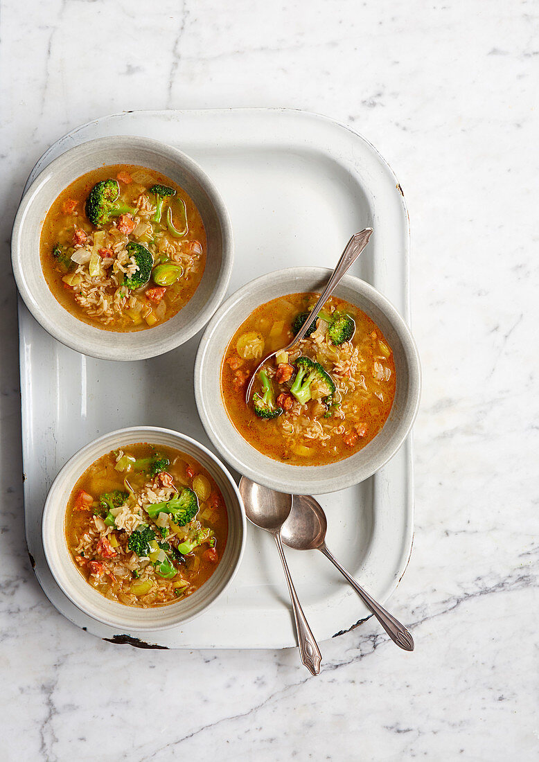 Chorizo, broccoli and brown rice soup