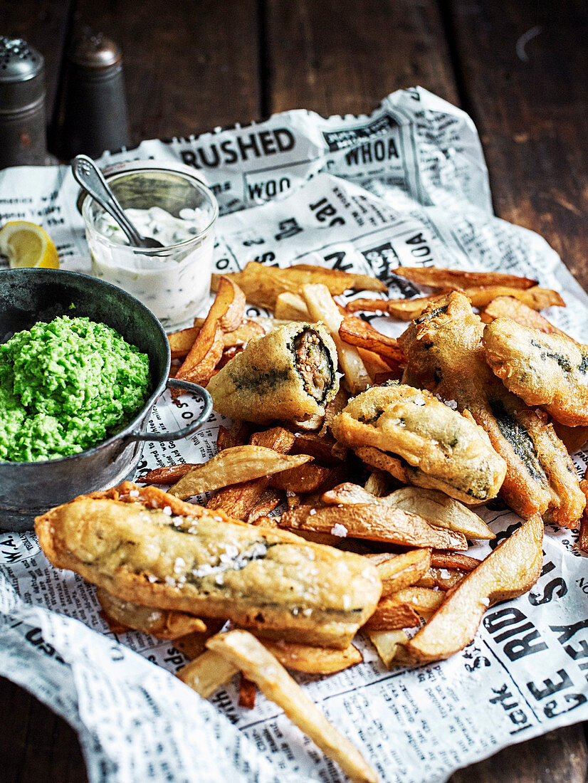 Vegetarian eggplant 'fish' and chips with mushy peas
