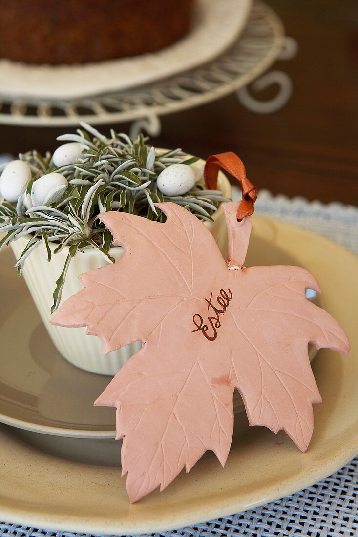 Maple leaf made from terracotta modelling clay as Easter decoration