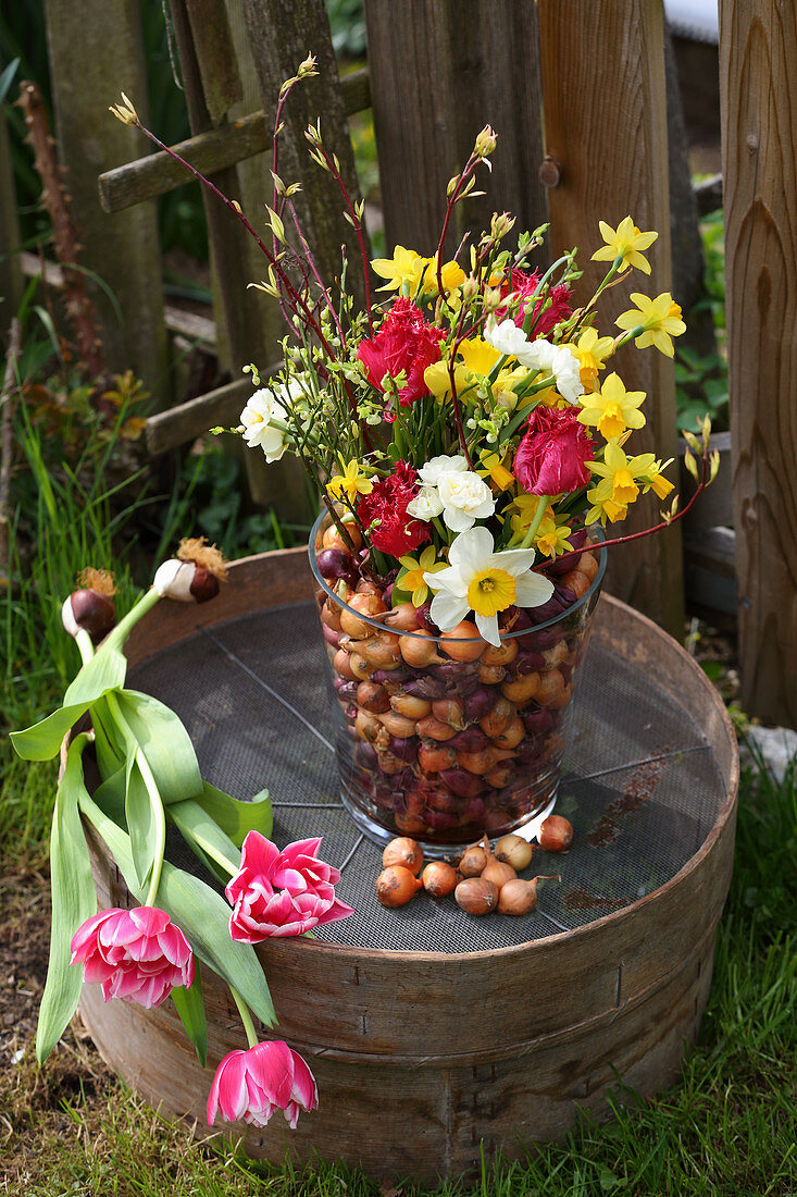 Colourful spring flowers and flower bulbs in glass vase