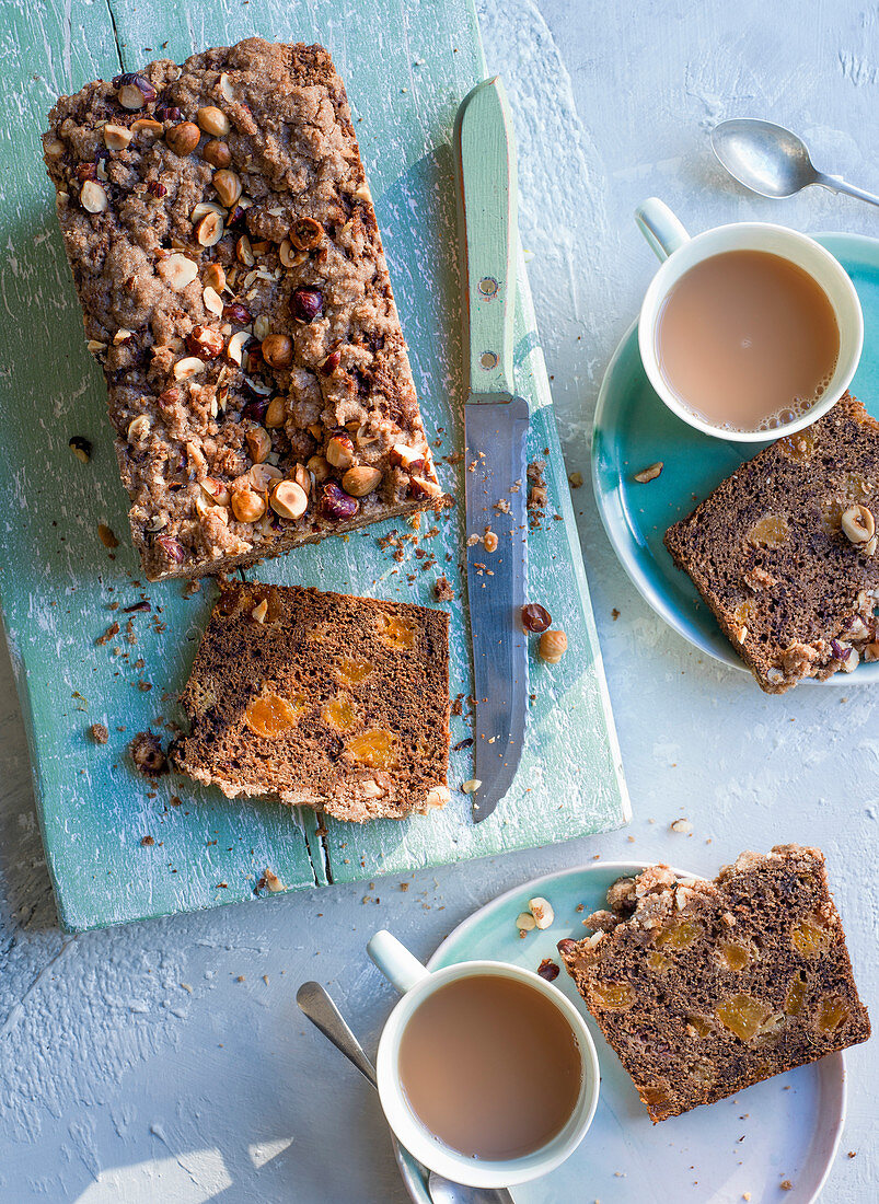 Teff, banana and apricot tea loaf with hazelnut streusel topping