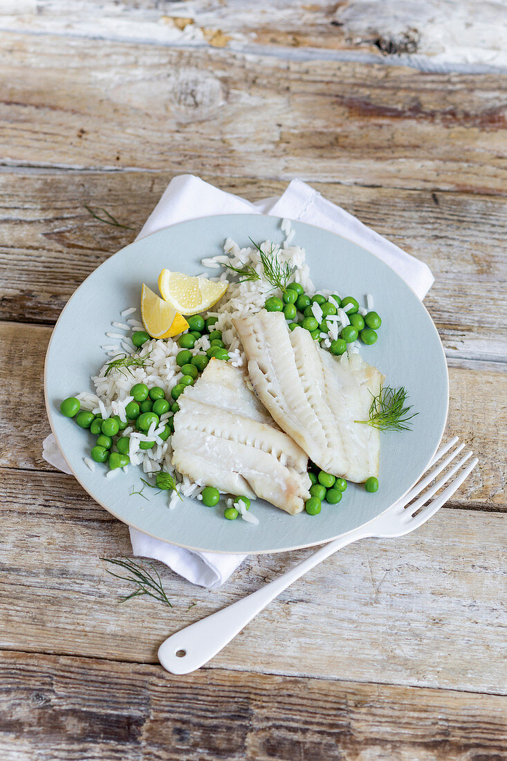 Alaska pollack with rice and peas