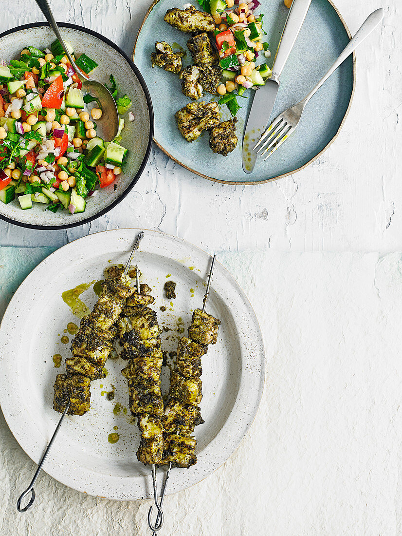 Grilled fish skewers with chickpea salad