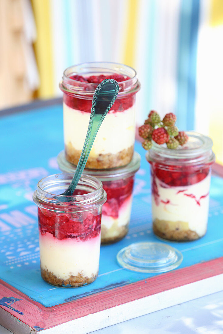 Baked cheesecake with raspberries in glass jars for a picnic