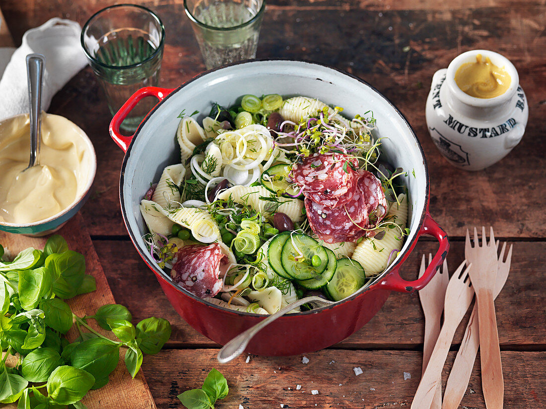 Pasta salad with salami, basil, olives, cucumber, onion, beansprouts, herbs and mustard