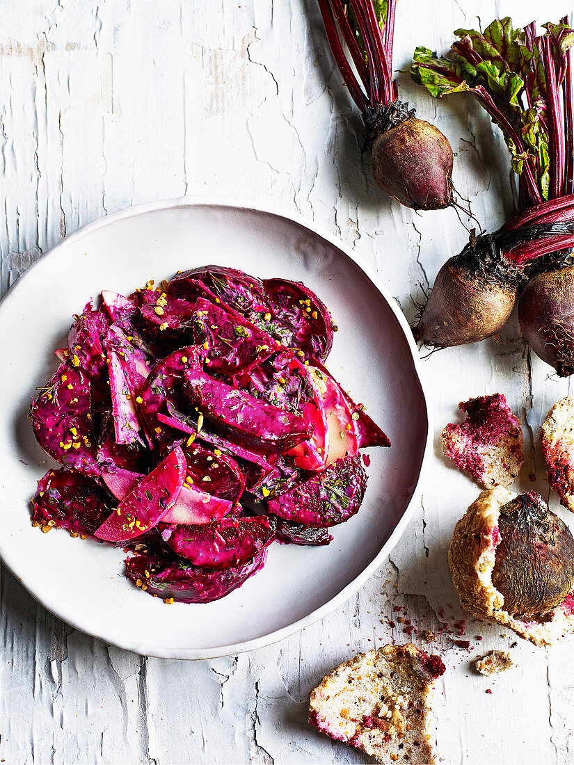 Salt-baked beetroot with herby yogurt dressing