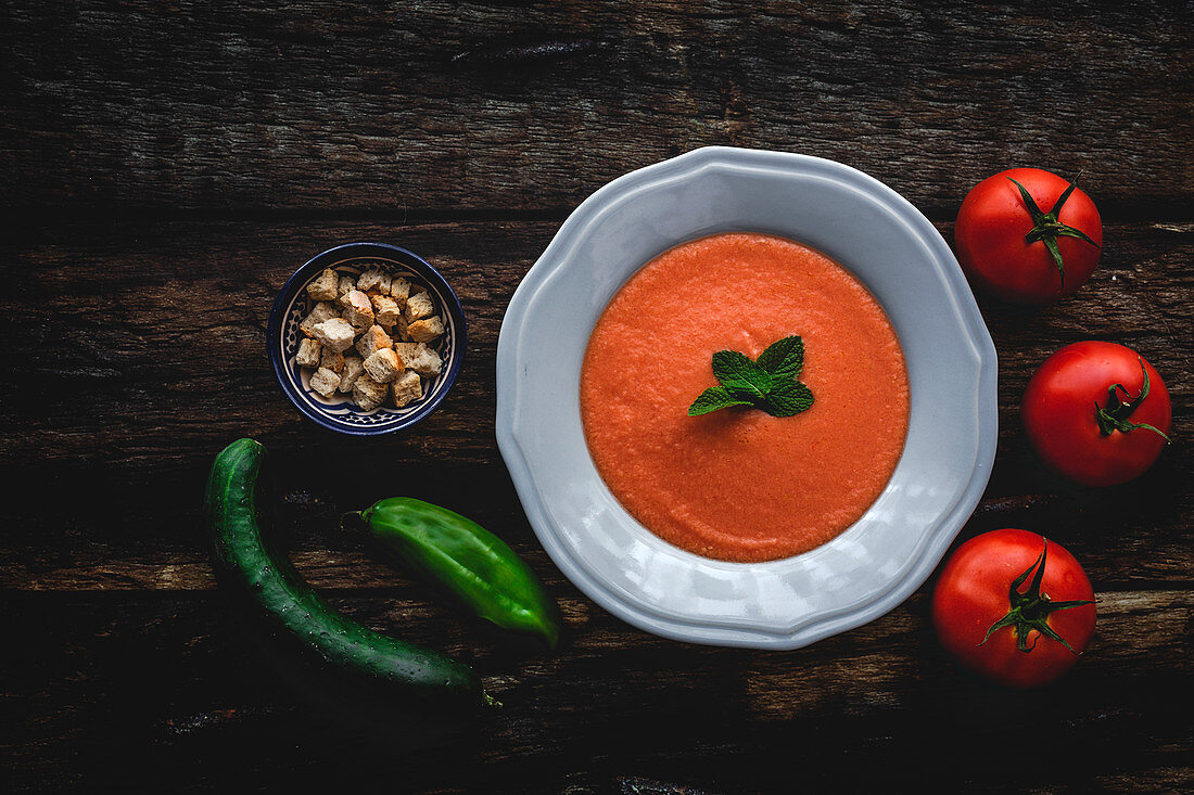 Homemade typical Spanish gazpacho from above
