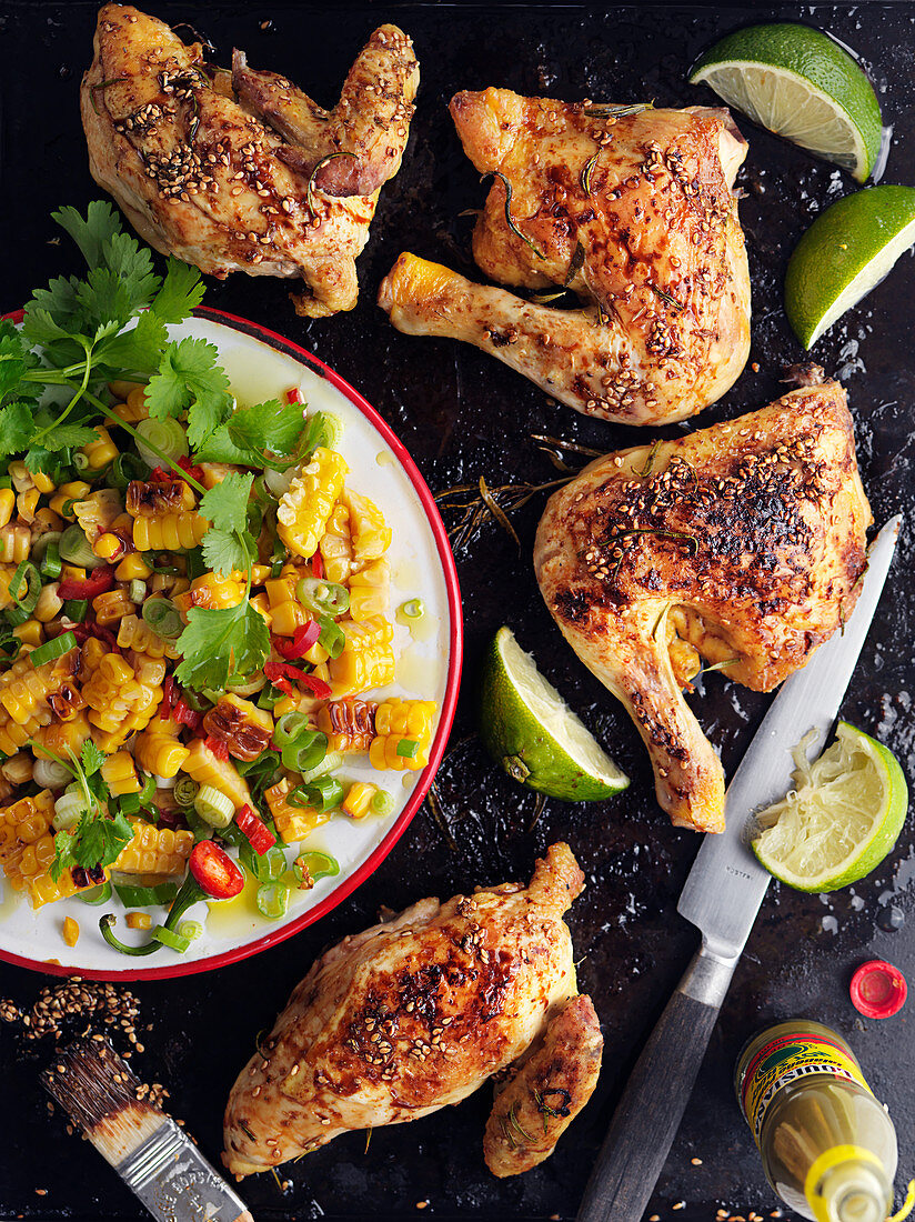 Grilled chicken with roasted corn salad