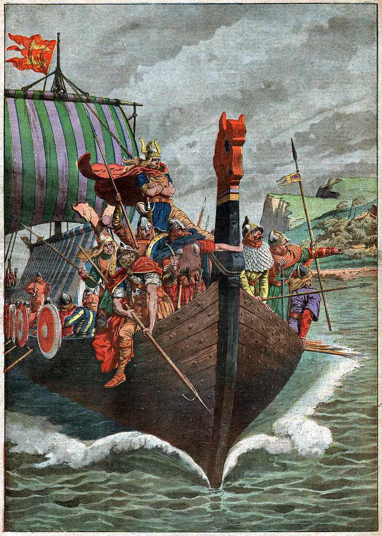 Vikings arriving in Normandy, France, illustration