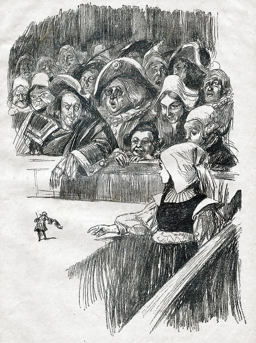 Gulliver on a table surrounded by giants, illustration