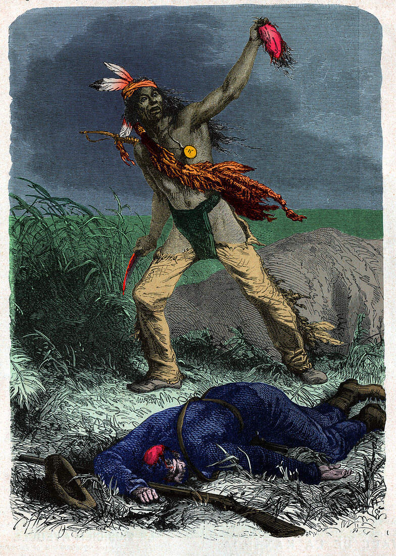 Indian scalps a soldier, illustration