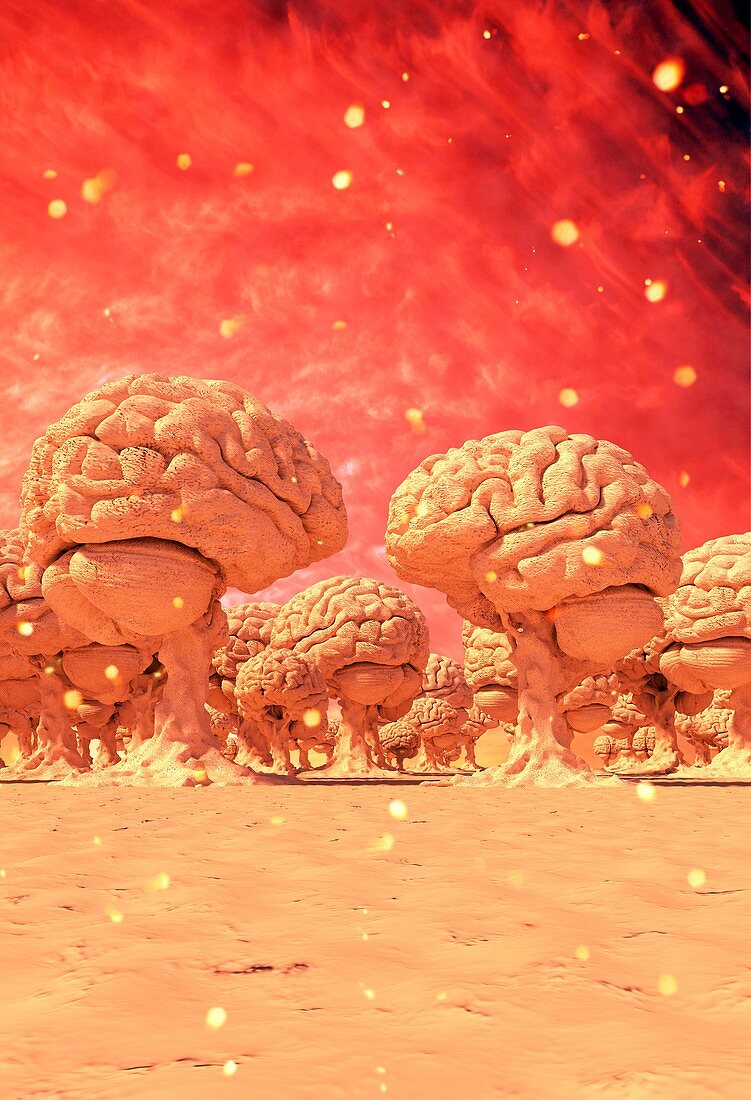 Forest of brains affected by fire, conceptual image
