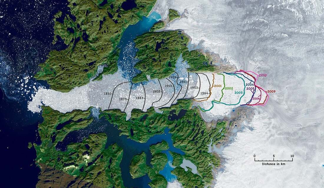 Jakobshavn Glacier, Greenland, 1851 to 2010, satellite image