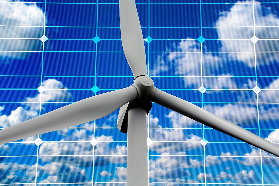 Wind turbine and solar panels, illustration