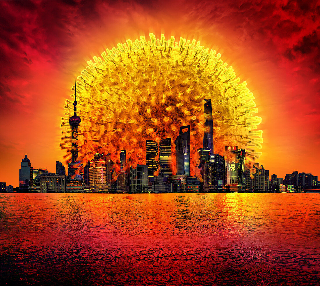 Coronavirus as sunset over a city, conceptual illustration