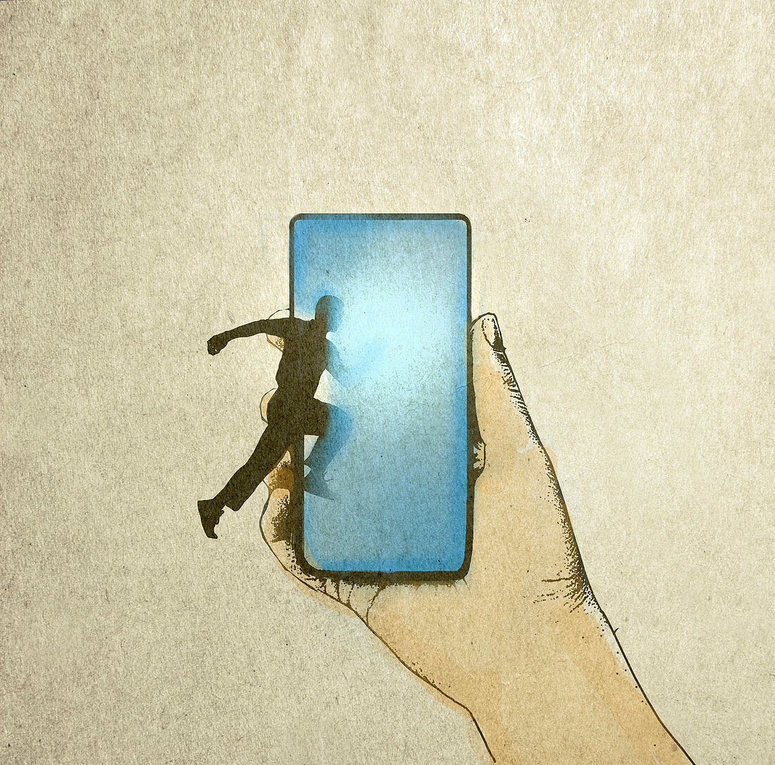 Man jumping into smart phone screen, illustration