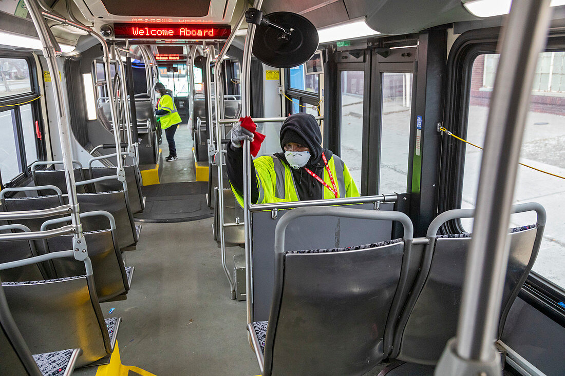 Bus cleaning during coronavirus outbreak, 2020