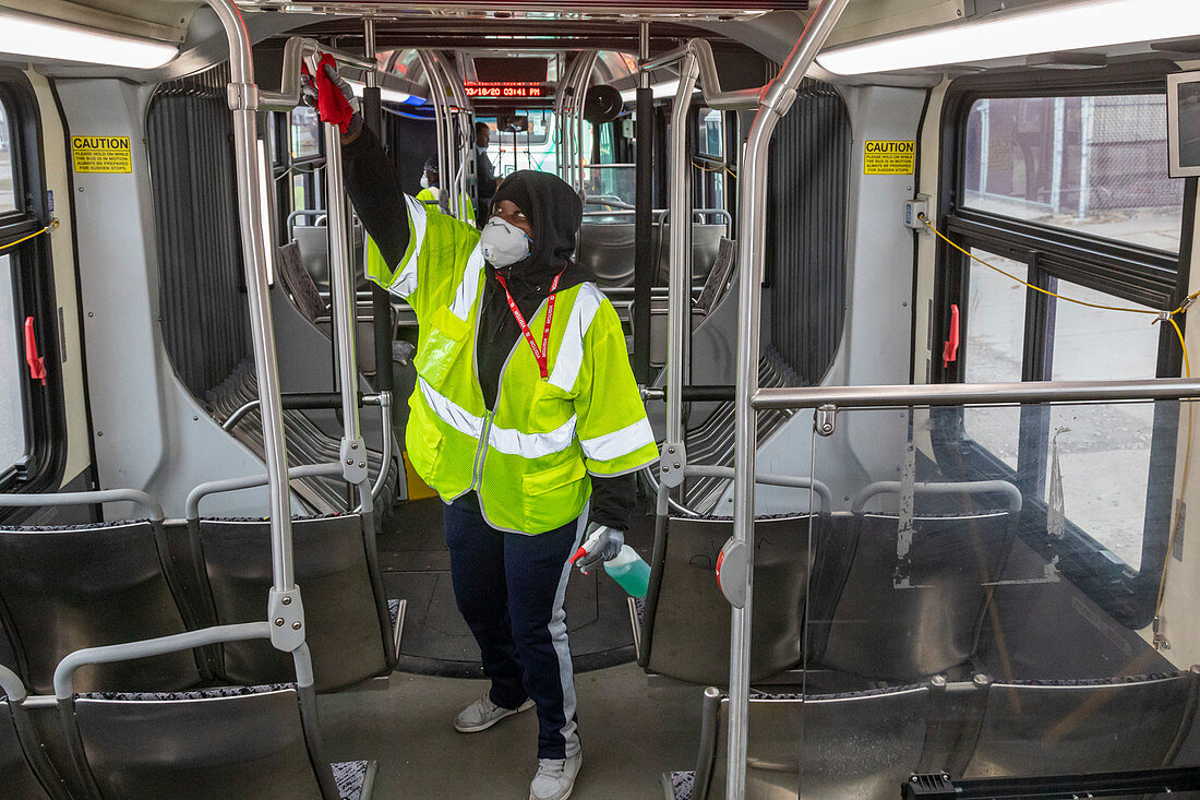 Bus cleaning during coronavirus outbreak, 2020