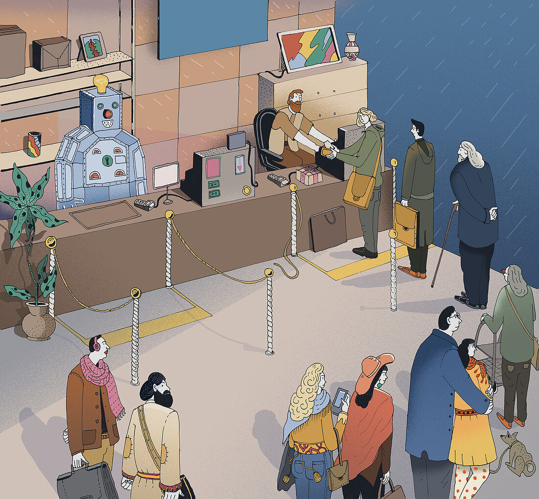 Customers preferring human cashier over robot, illustration