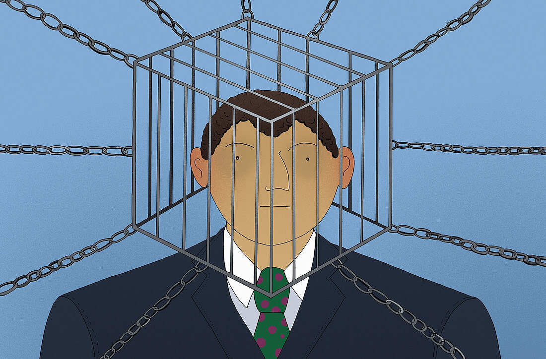 Businessman with head trapped inside cage, illustration