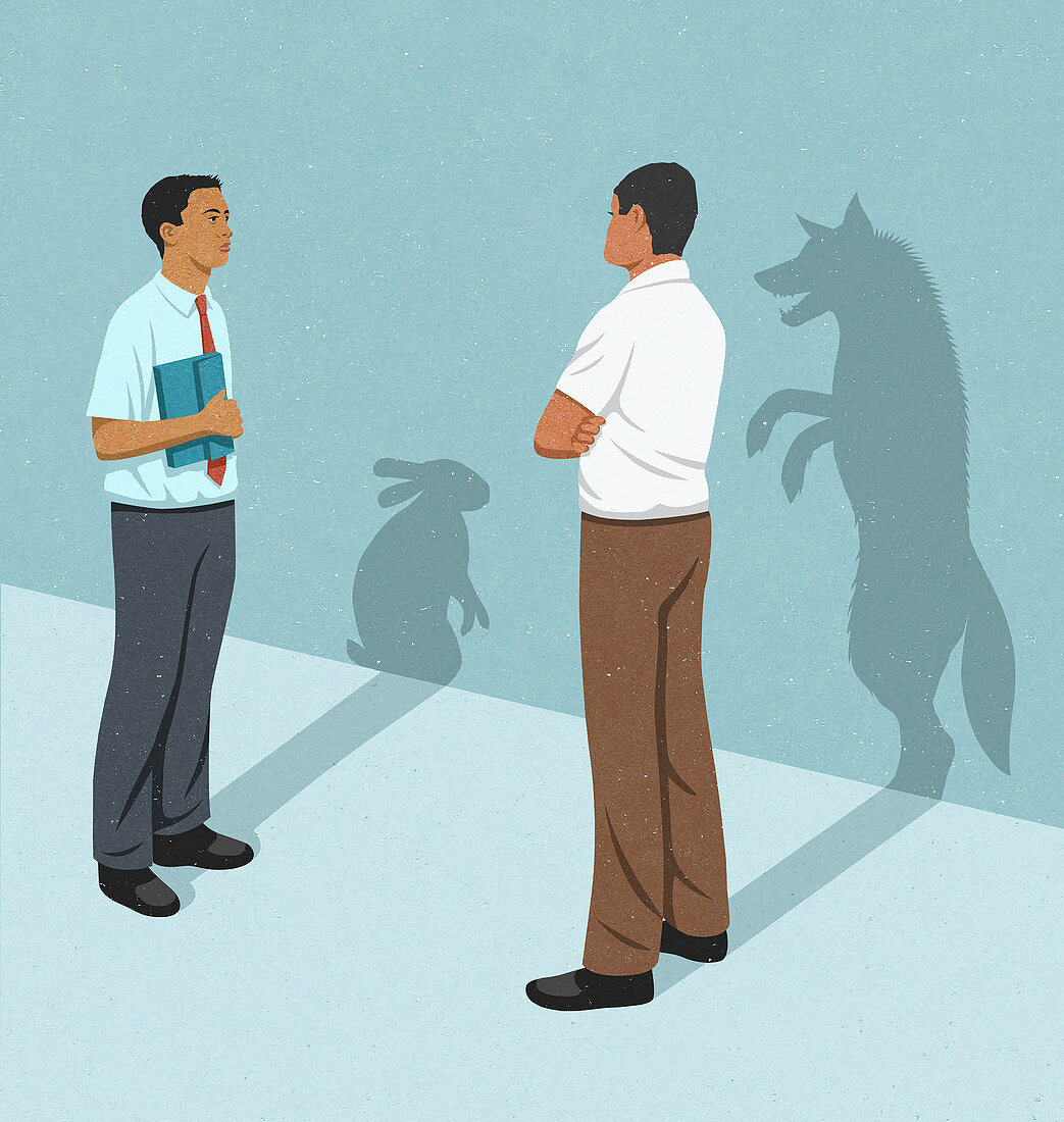 Businessmen with rabbit and wolf shadows, illustration