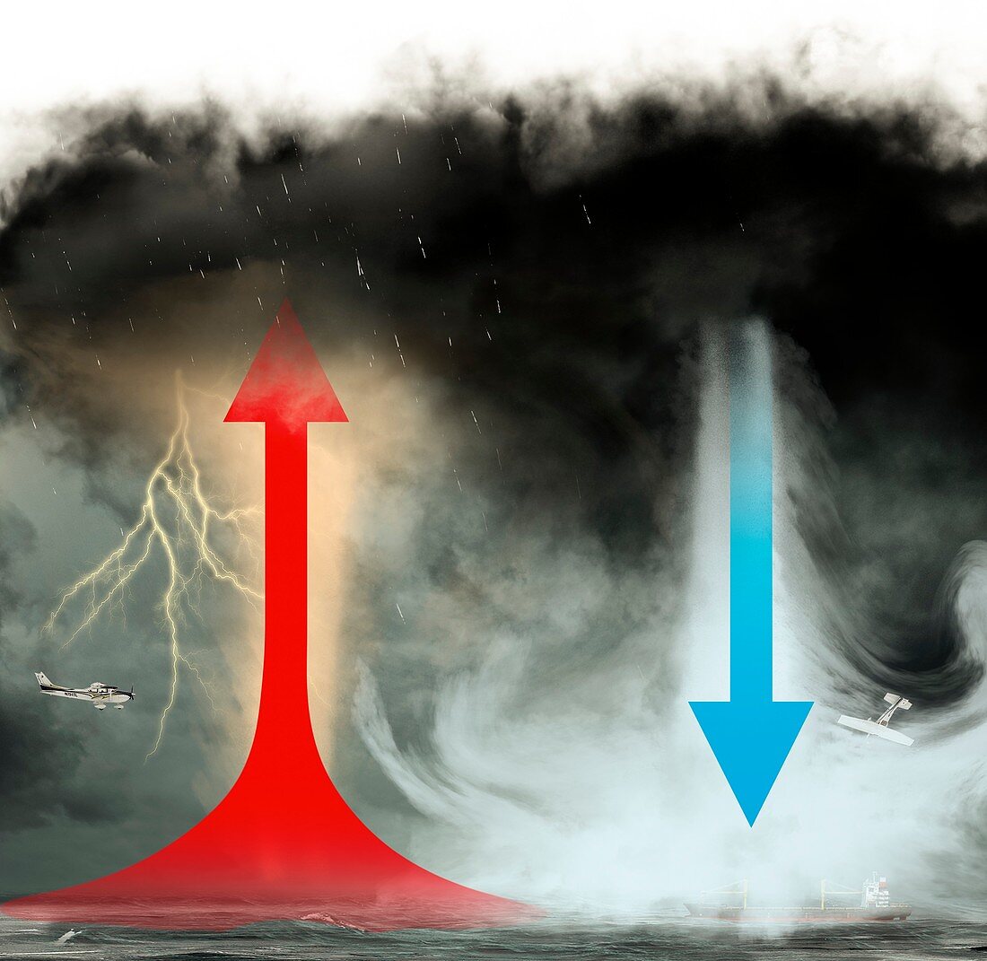 Updraft and downdraft in storm system, illustration