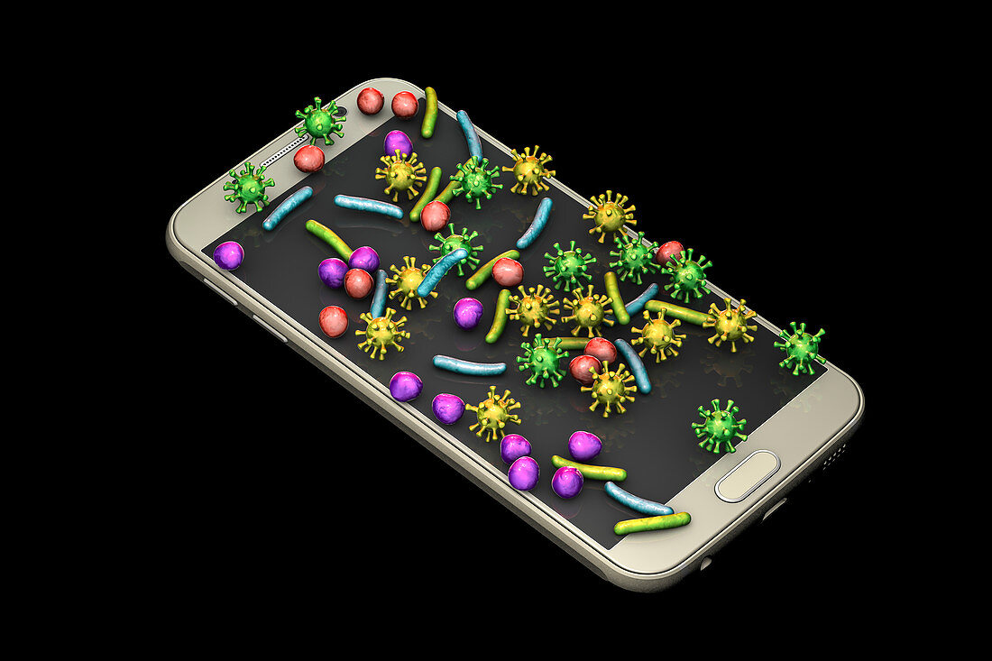 Microbes found on mobile phone, conceptual illustration