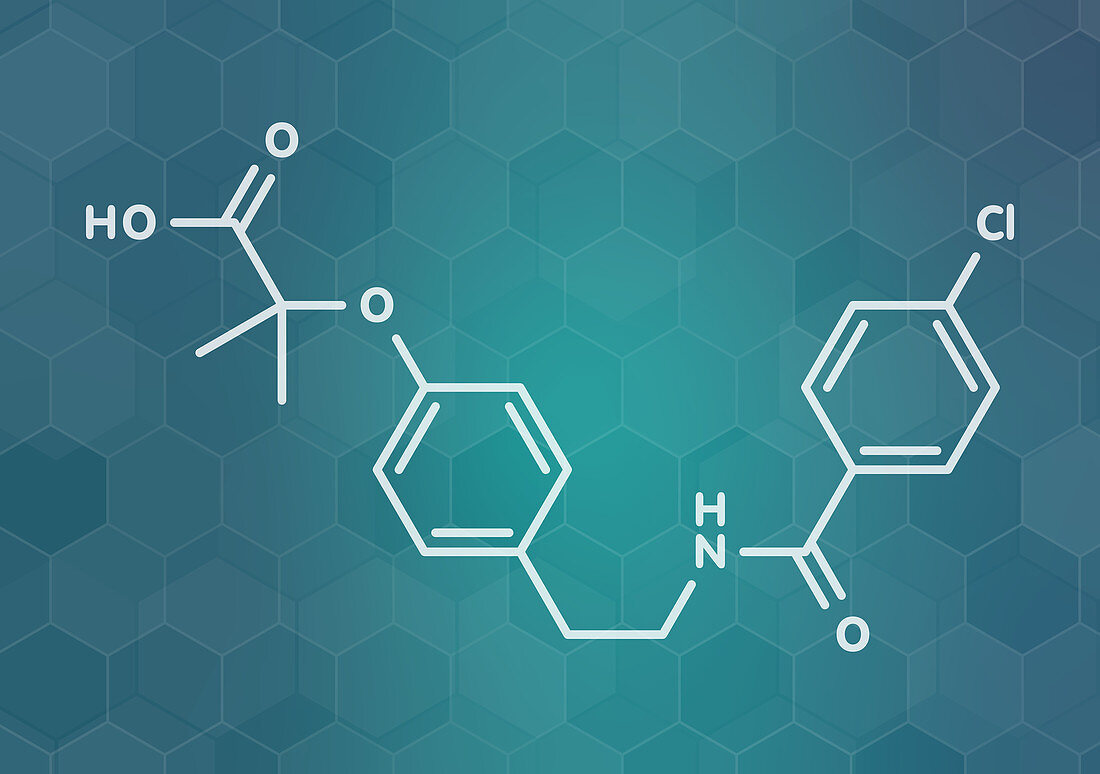 Bezafibrate hyperlipidemia drug molecule, illustration