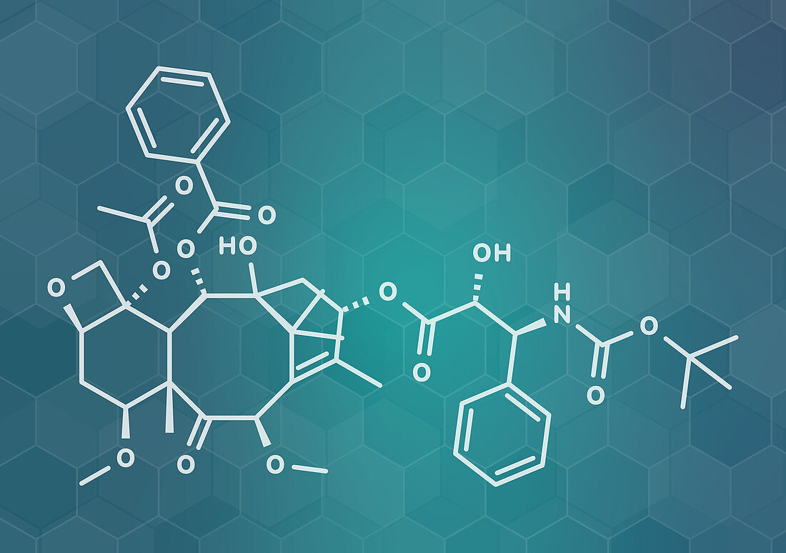 Cabazitaxel cancer drug molecule, illustration