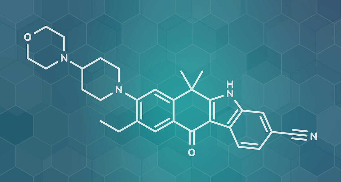 Alectinib cancer drug molecule, illustration