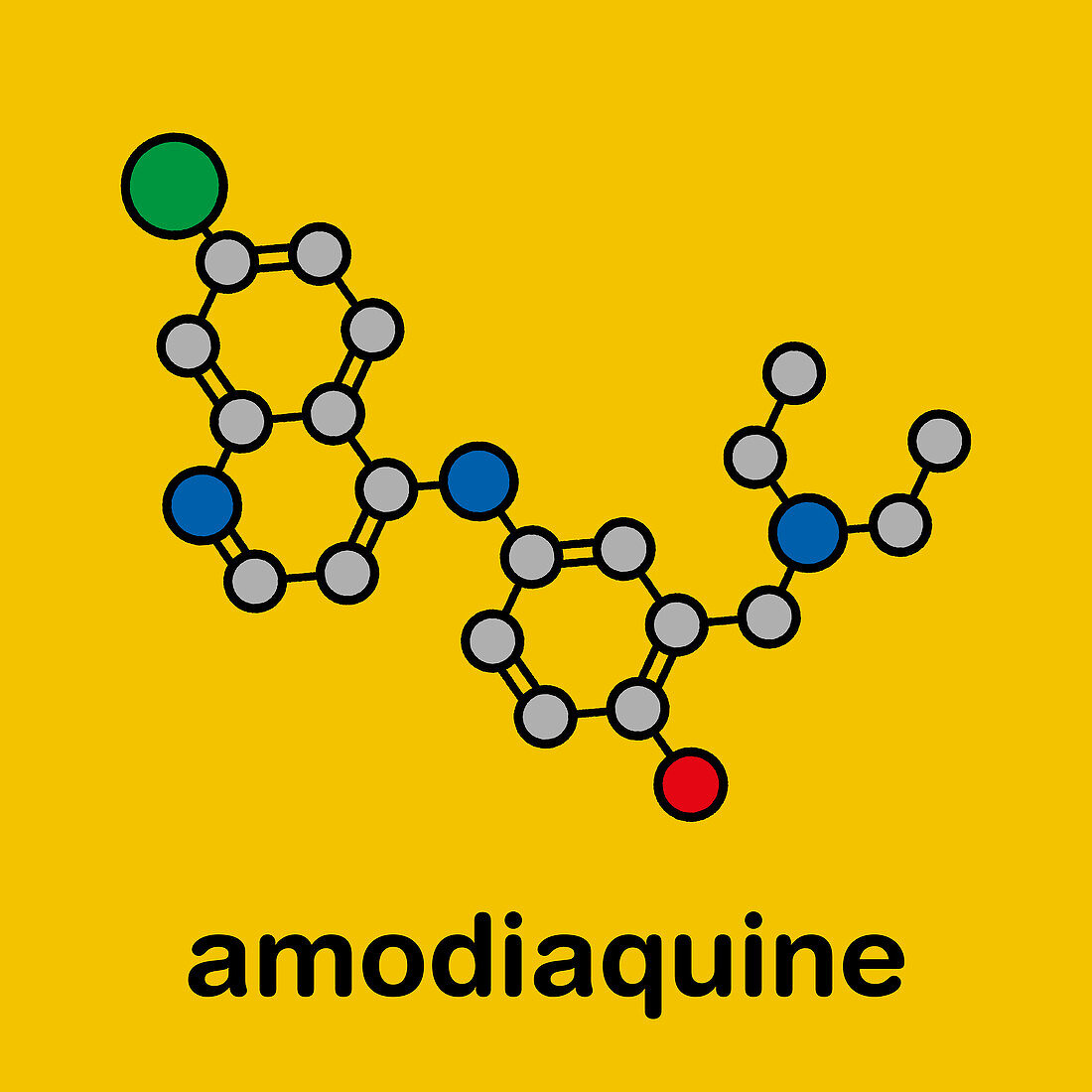 Amodiaquine anti-malarial drug molecule, illustration