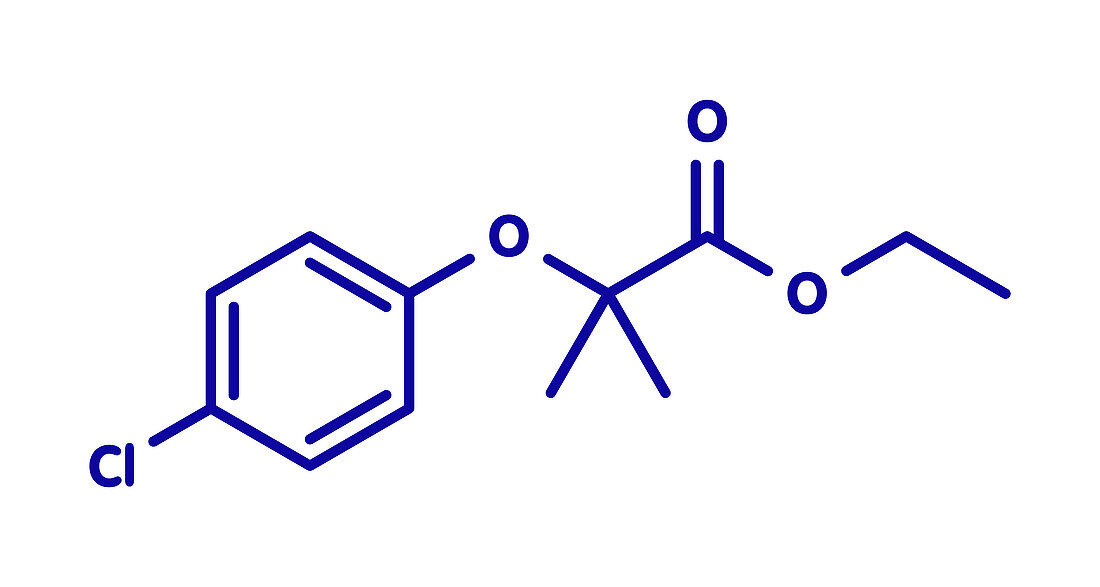 Clofibrate hyperlipidemia drug molecule, illustration