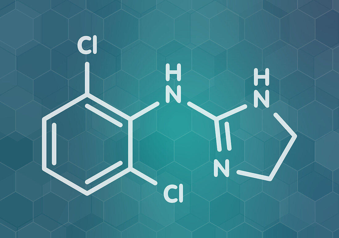 Clonidine drug molecule, illustration