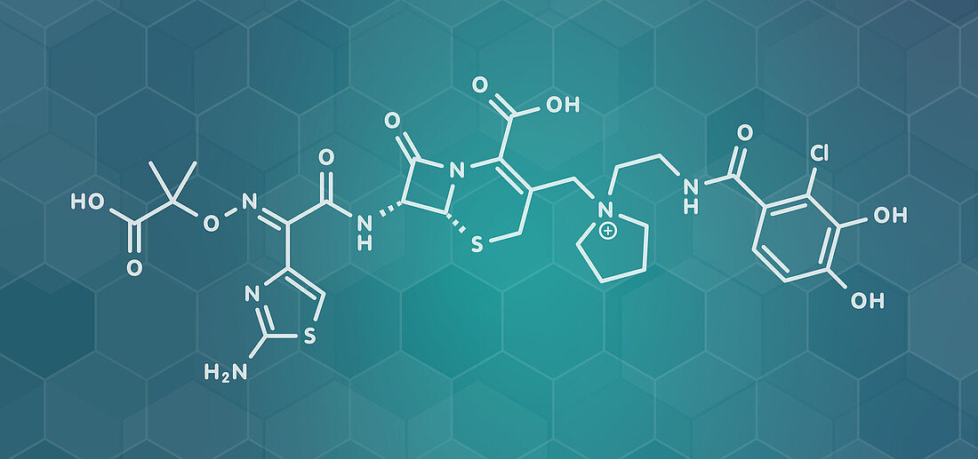 Cefiderocol antibiotic drug molecule, illustration