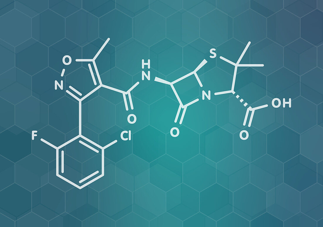 Flucloxacillin antibiotic drug molecule, illustration