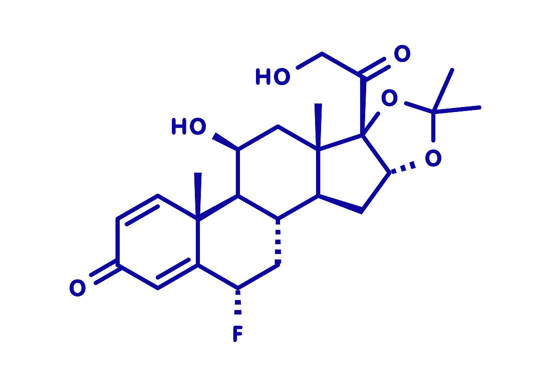 Flunisolide corticosteroid drug molecule, illustration
