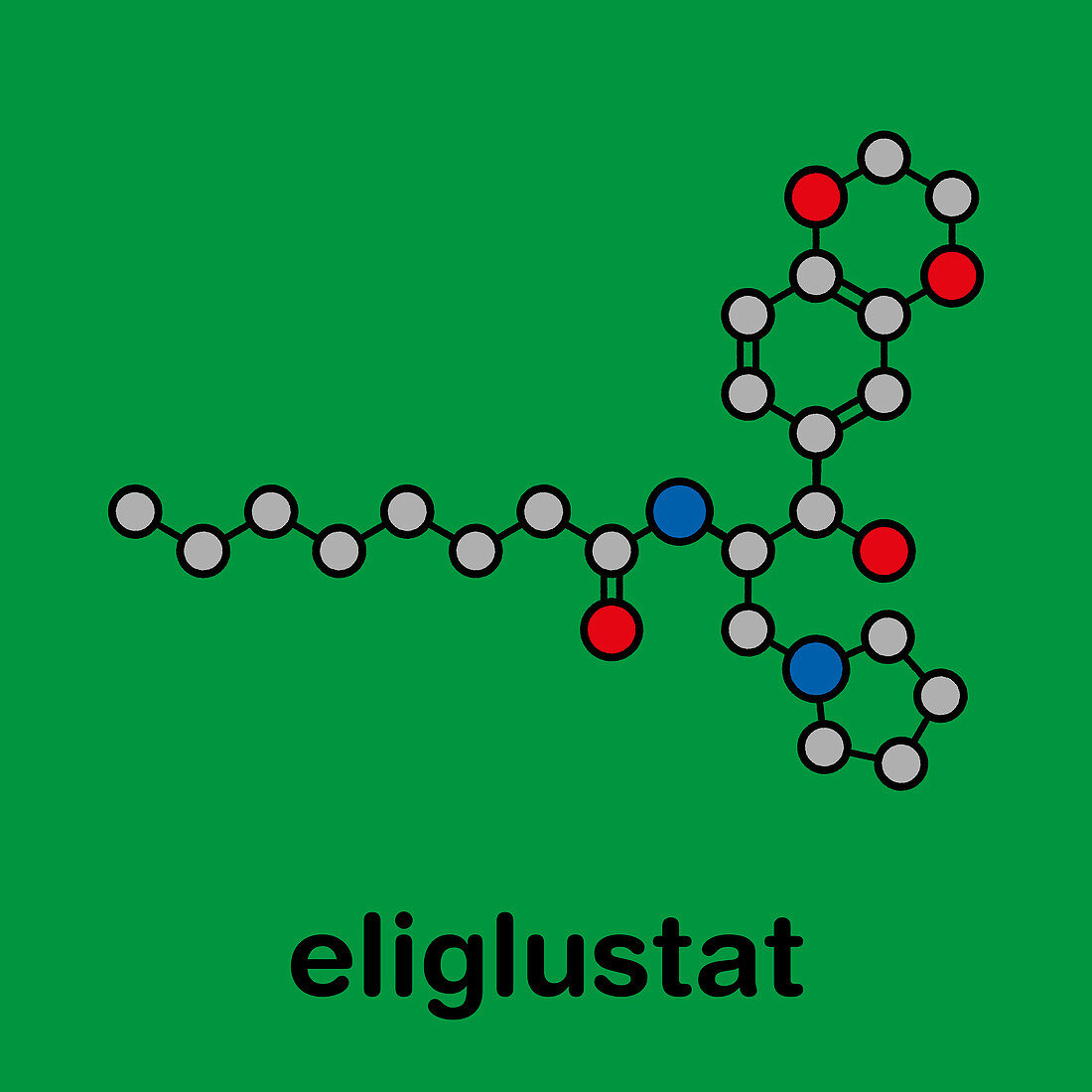 Eliglustat Gaucher disease drug molecule, illustration