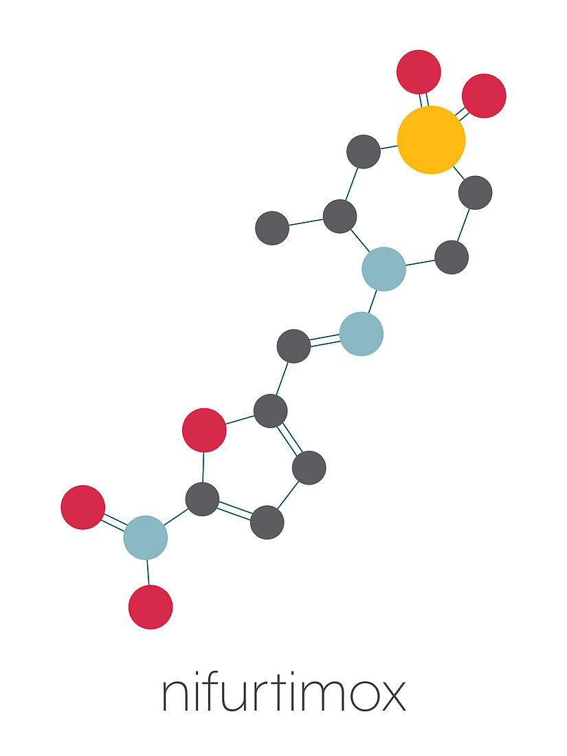Nifurtimox antiparasitic drug molecule, illustration