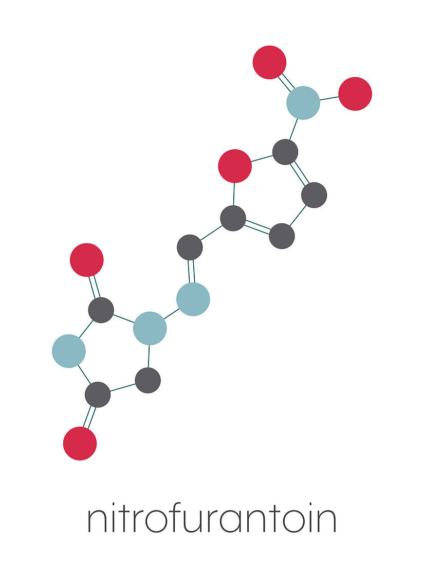 Nitrofurantoin antibiotic drug molecule, illustration